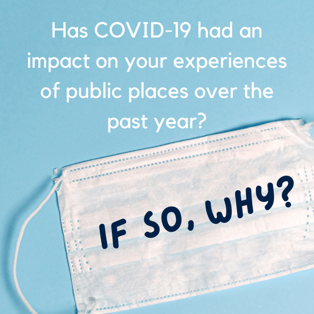 Words read: ‘Has COVID-19 had an impact on your experiences of public places over the past year?’ the words ‘If so, why?’ are written on the back of a face mask on the bottom of the image