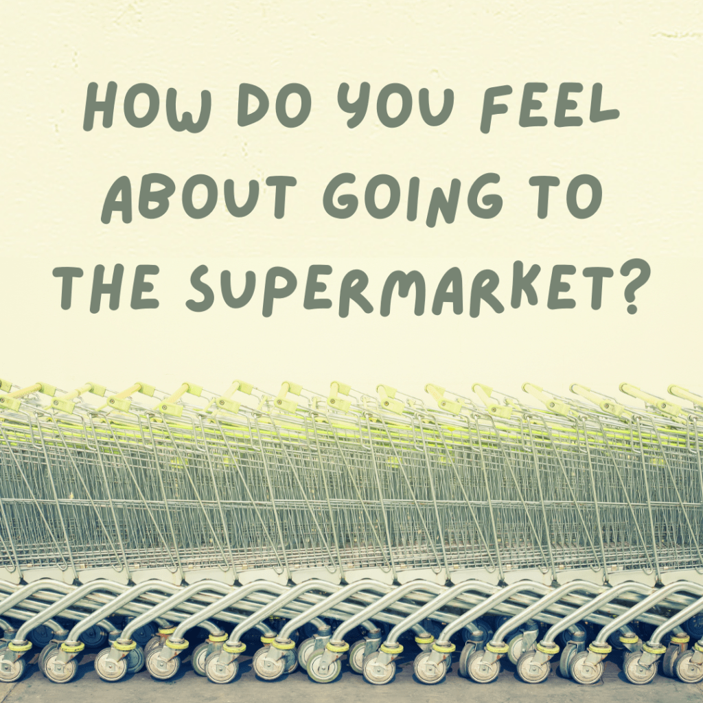A series of supermarket trolleys line up across the base of the image. Above this reads the words ‘How do you feel about going to the supermarket?’